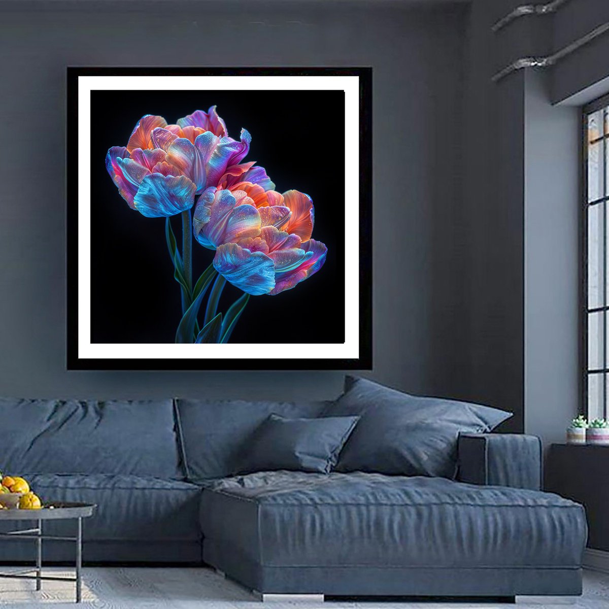 Photorealistic Botanical Photograph By Michael Filonow, 32 X 32", Rainbow Tulips, Original Artwork