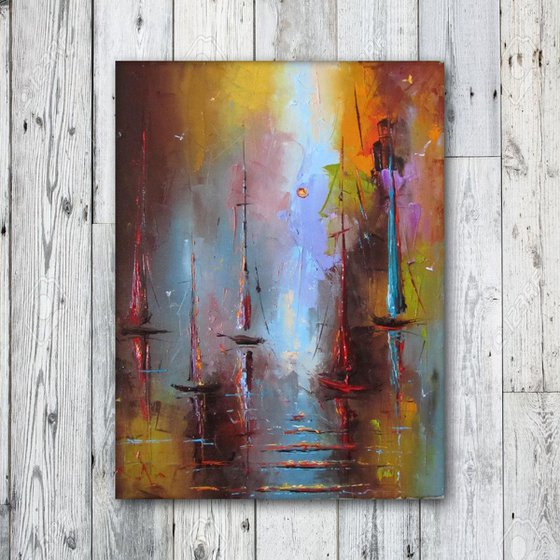 Summer breeze, modern abstract sailboats, oil painting, free shipping