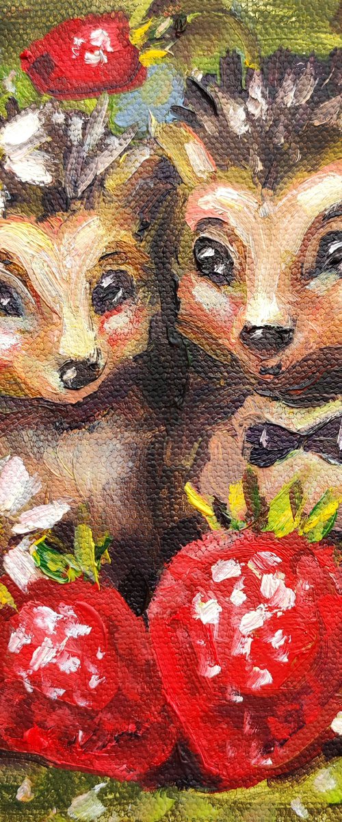 Cute Couple of Hedgehog with Strawberry by Natalia Miasnikova