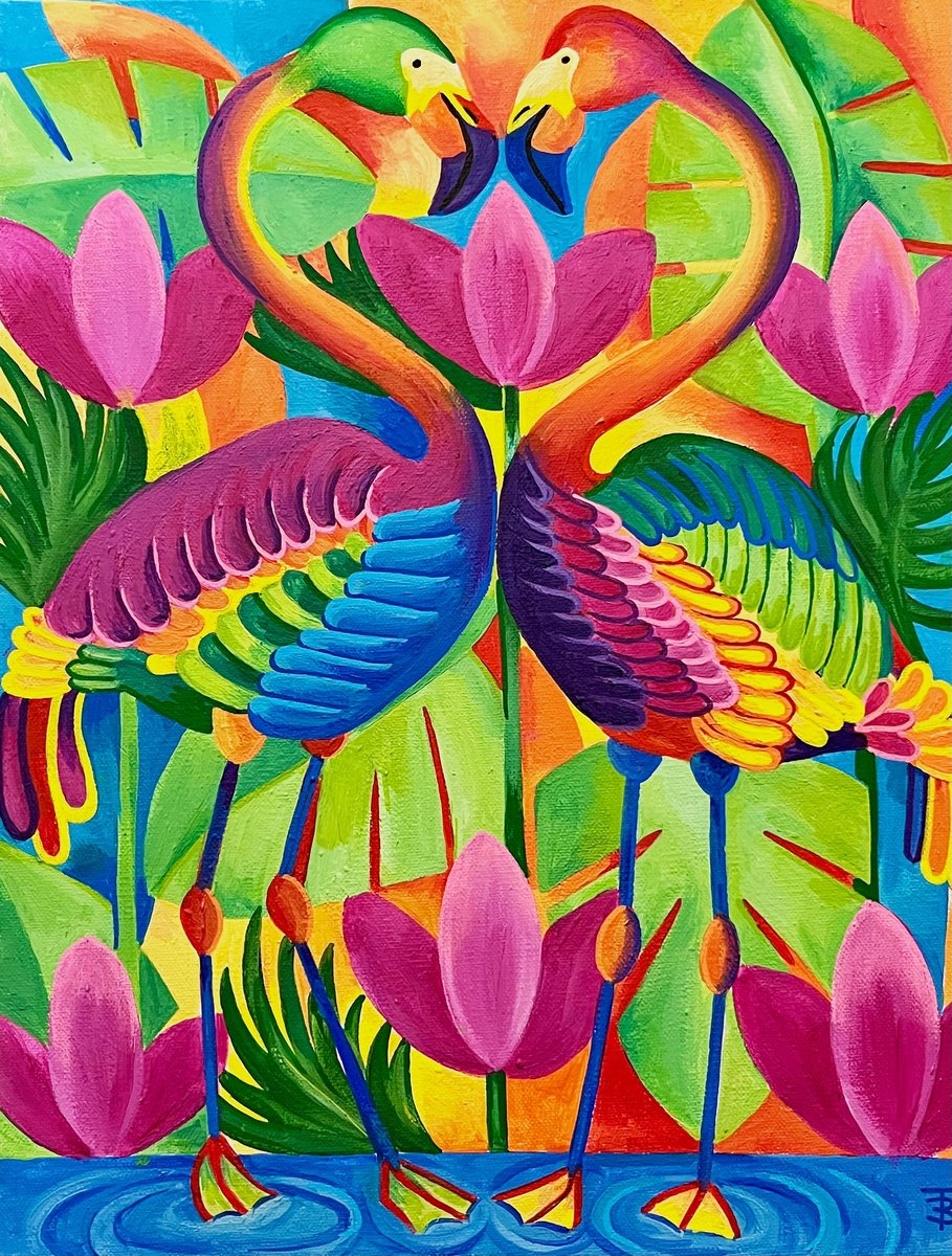 Expressive Animal Acrylic Painting By Tiffany Budd, 14 X 18", Flamingo Love, Original Artwork