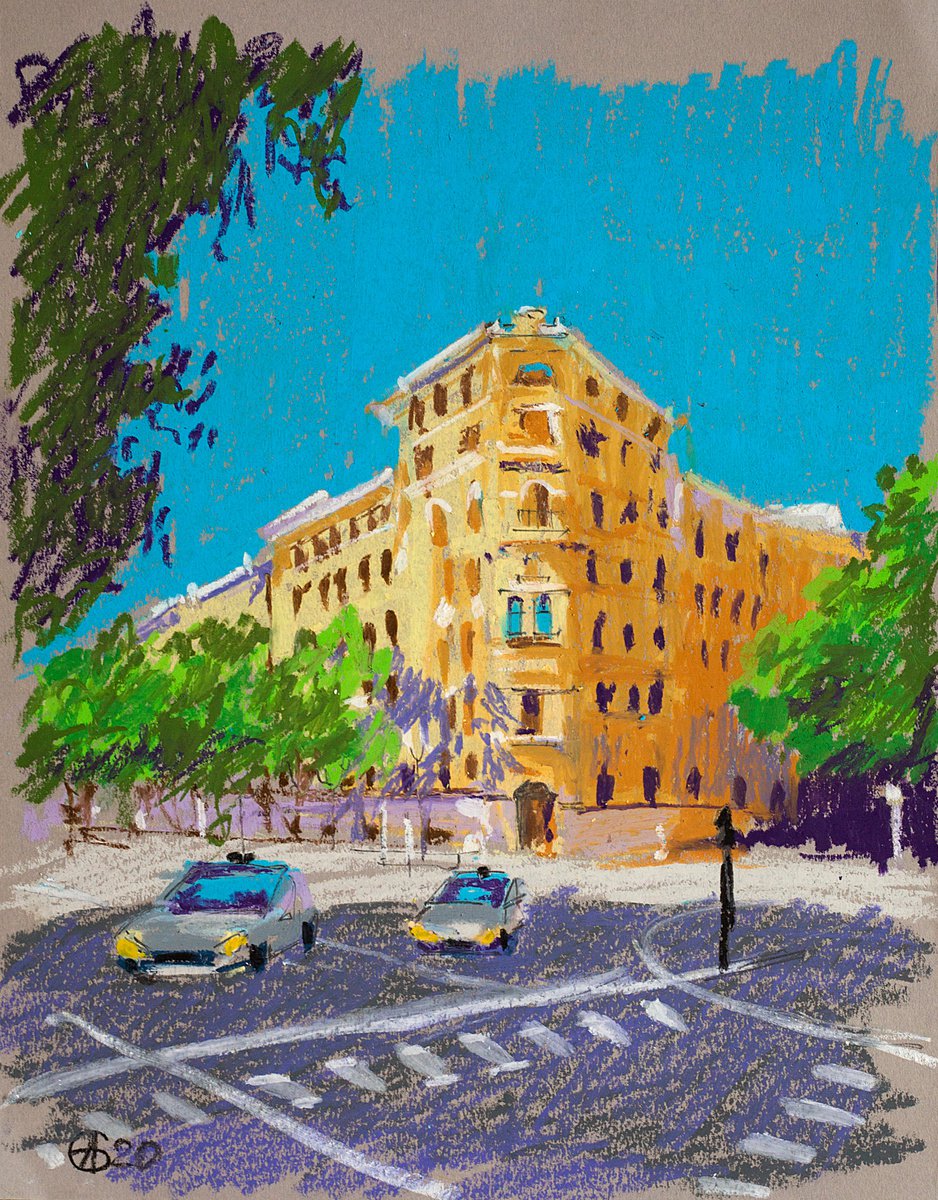 Street with yellow house 2. Sunny urban landscape in Madrid. Small oil pastel impressionis... by Sasha Romm