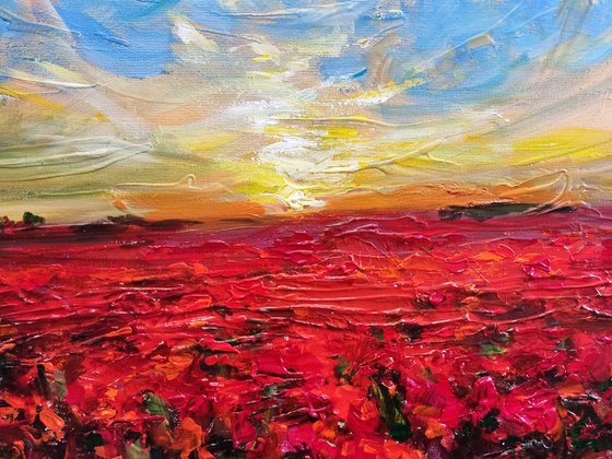 Red  Poppy Field. Original Impasto Acryl Painting With Palette Knife.