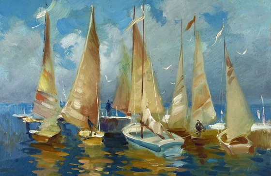 Sailing Boats Moored in Front of the Sea