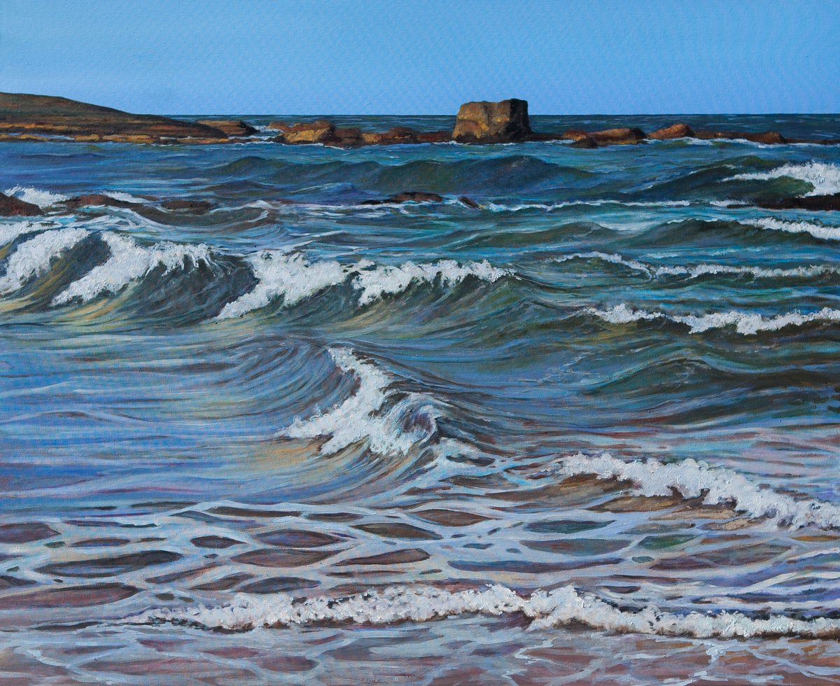 Photorealistic Landscape Oil Painting By Isabel Robledo, 41 X 34, Dancing Waves, Original Artwork