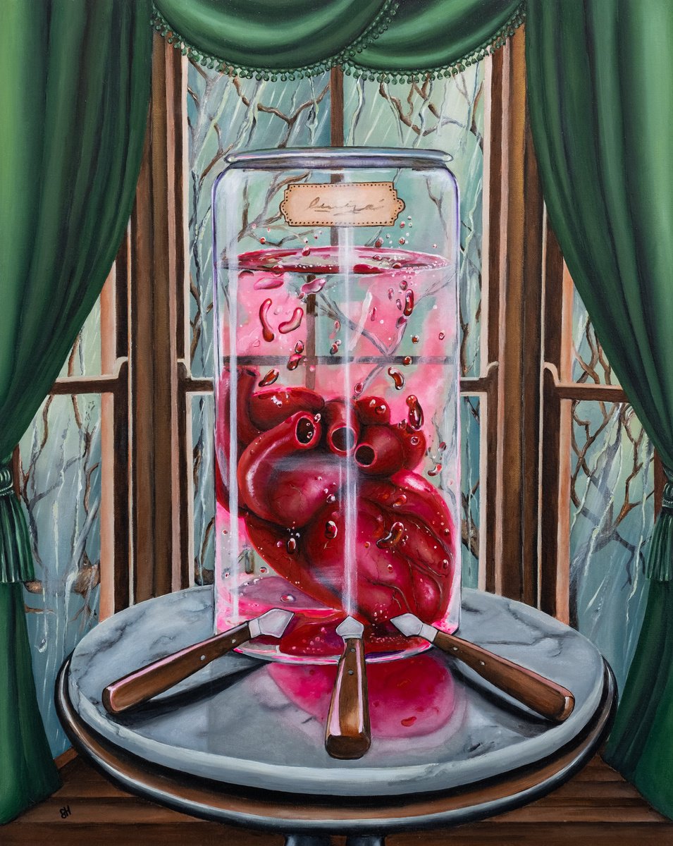 Surrealistic Still Life Acrylic Painting By Saskia Huitema, 19 X 22", Three Of Swords, Original Artwork