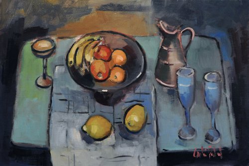 Still Life with Fruit and Blue Glasses. by Andre Pallat