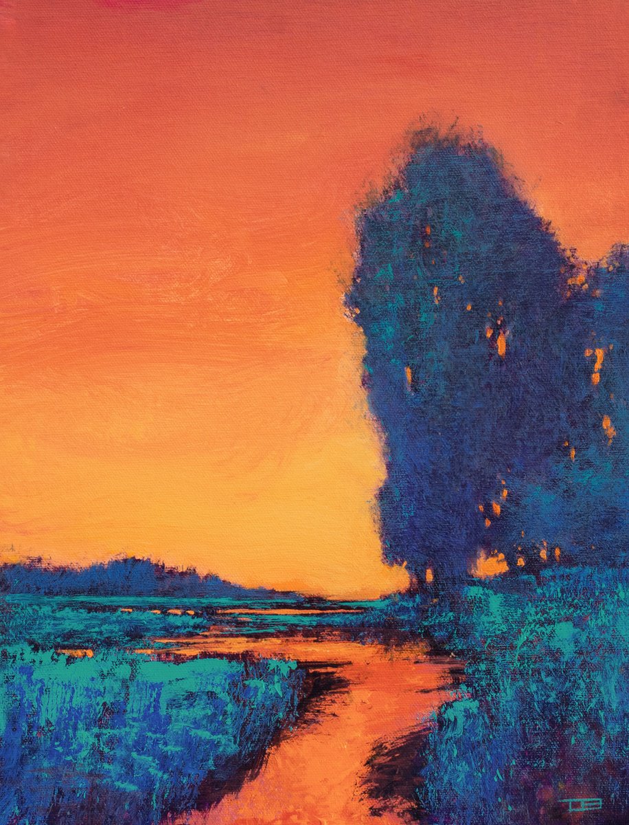Glowing Sunset 230104, colorful sunset landscape with field, water  & trees by Don Bishop