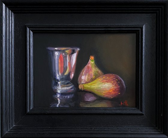 Figs & Silver Pot Still Life original oil realism painting, with wooden frame.