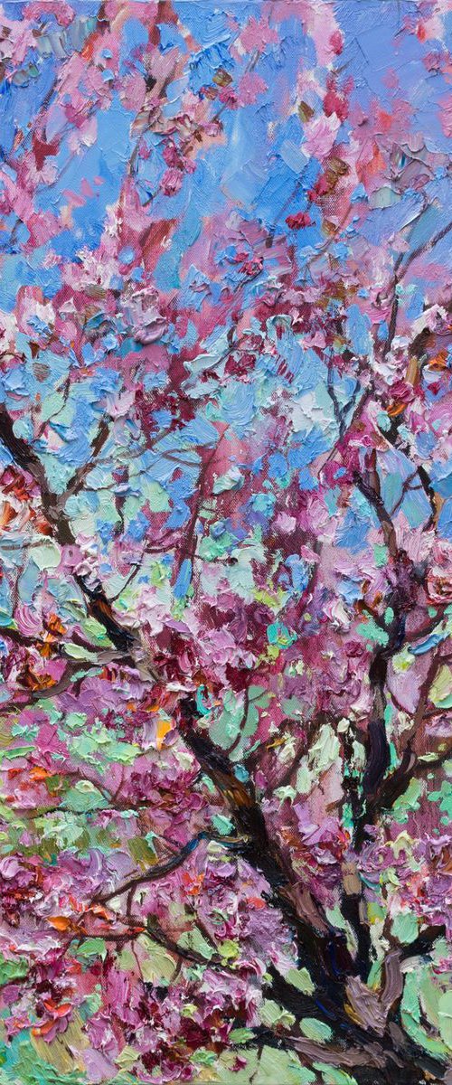Flowering peach tree Original oil painting by Anastasiia Valiulina
