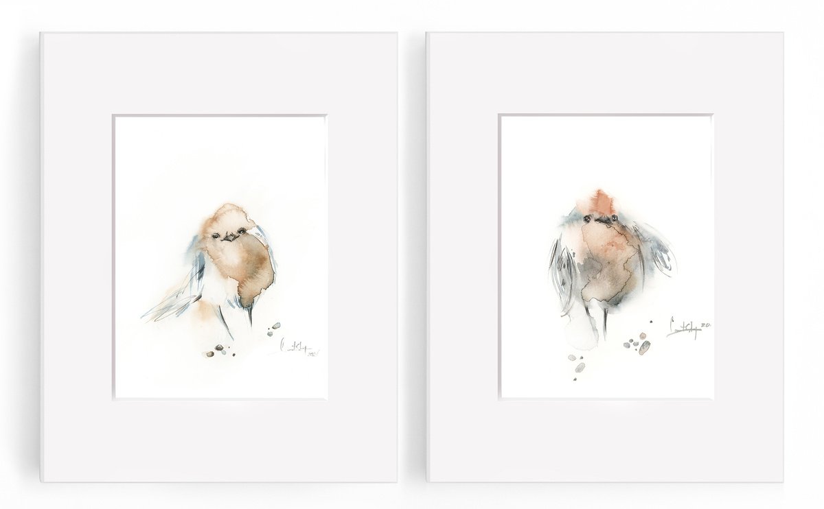 Little birds watercolor painting 2 set by Sophie Rodionov