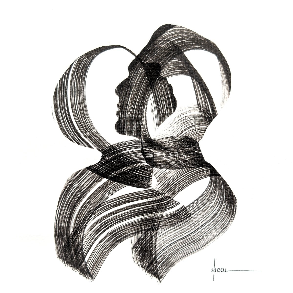 Expressive Portrait Ink Drawing By Nicol Vacaru, 11 X 11", Melded Echoes, Original Artwork