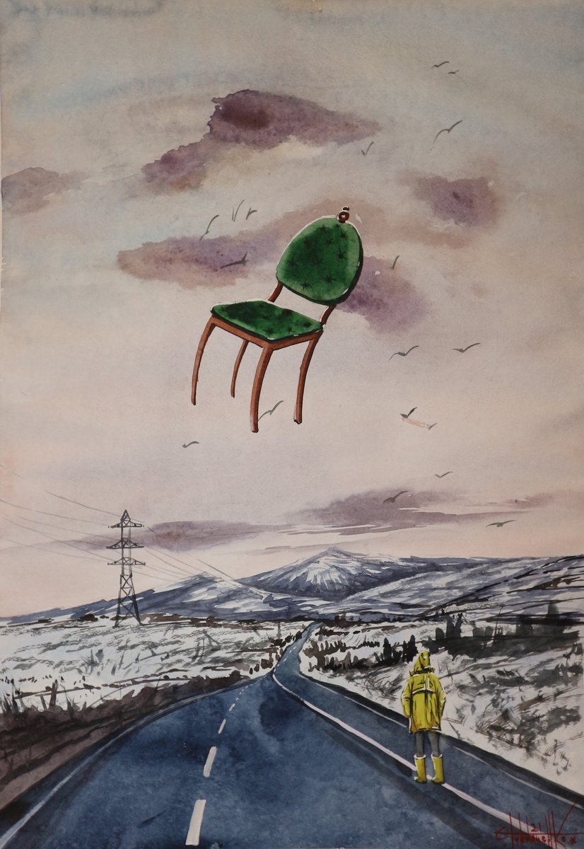 Flying chair, 2021 Watercolor on paper 60kh42 by Eugene Gorbachenko