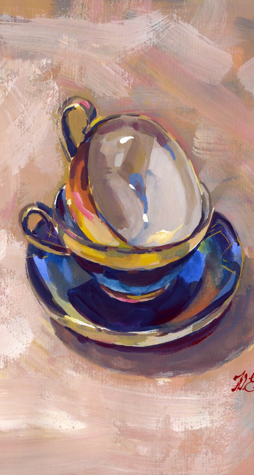 Vintage cups in gouache, Colorful Art for the kitchen by Yulia Evsyukova