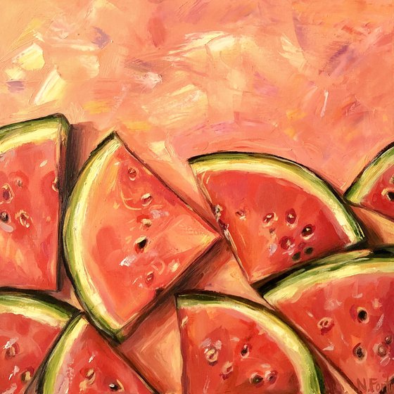 WATERMELON SUGAR, Original Orange and Pink Vibrant Watermelon Still Life Oil Painting