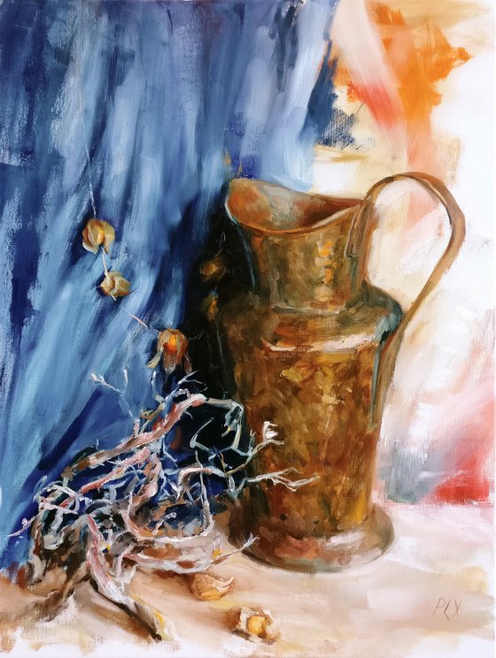 Still life with wrought copper jug and physalis