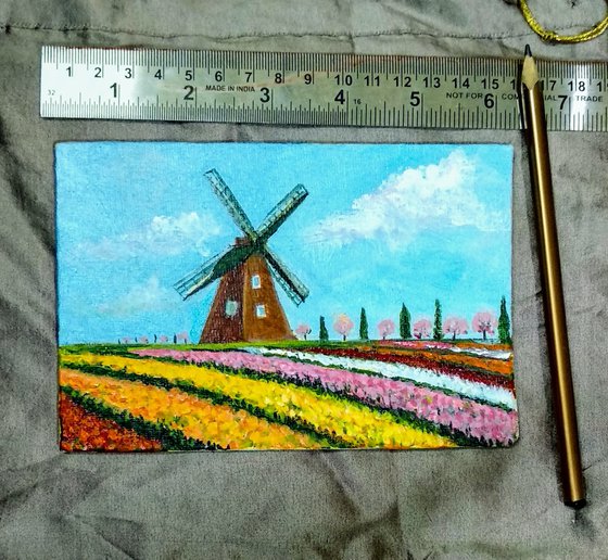 Miniature Dutch Windmill and Tulips Landscape