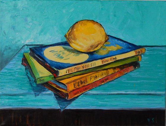 Lemon and books. Still life. 30x40cm