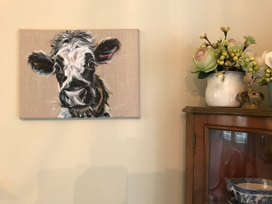 Sleepyhead - Black & White Holstein Cow original oil painting