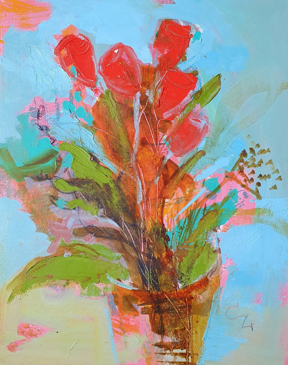 Impressionistic Botanical Oil Painting By Victoria Cozmolici, 16 X 20", Tulips, Original Artwork