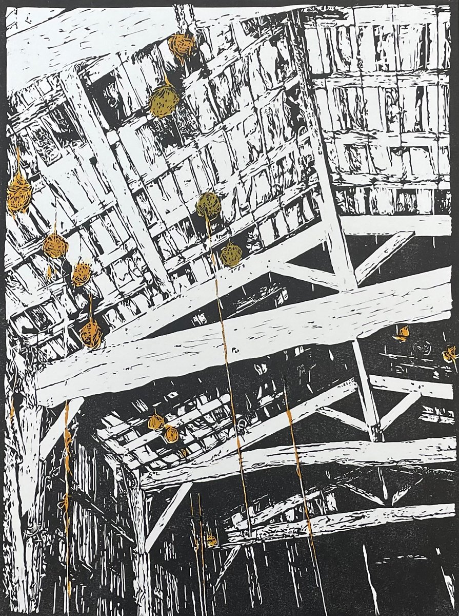 Entwine - Tobacco Barn Linocut Print by C Staunton