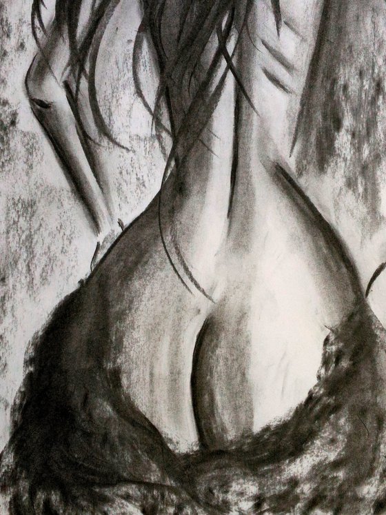 Nude Painting Female Original Art Standing Woman Drawing Charcoal Black and White Home Erotic Wall Art 13 by 18" by Halyna Kirichenko