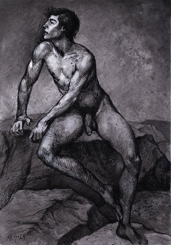 Nude young man sitting on rock