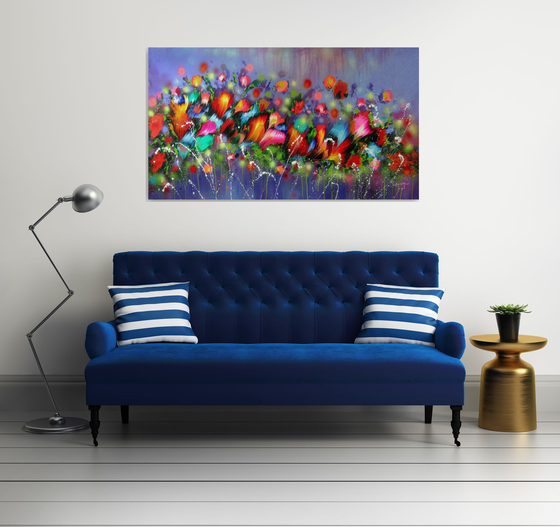 63" VERY LARGE Flowers Painting "Evening Song of Flowers"