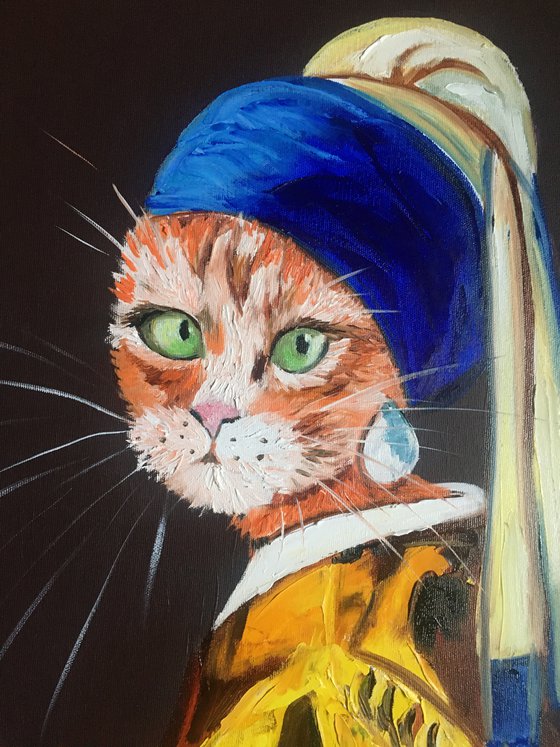 Cat with the pearl earring inspired by Vermeer painting feline art for cat lovers gift idea