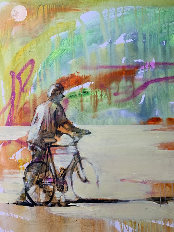 Big bright painting - "Bright day" - Pop Art - Street Art - Bike - Cyclist - Summer