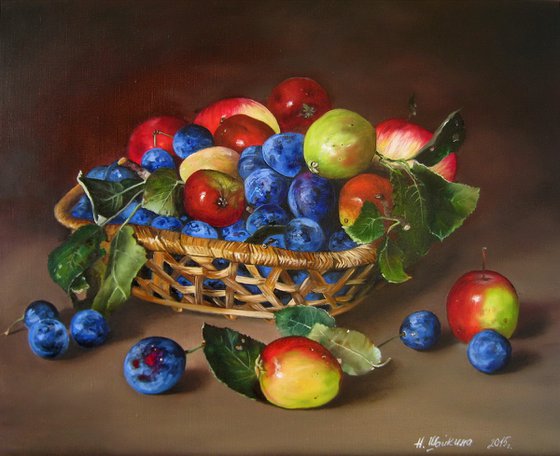 Fruit in a Basket Canvas Wall Art, Colorful Artwork, Original Still life