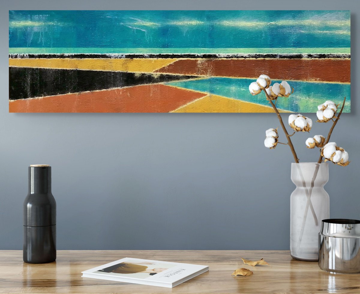 Abstract Oil Painting By Evgen Semenyuk, 39 X 12, Where Fields Meet The Shore, Original Artwork