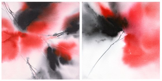 Red abstract flowers diptych