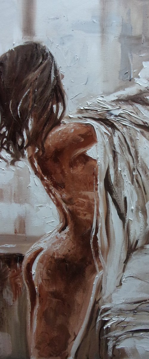 COMMISSION  liGHt  ORIGINAL OIL PAINTING, GIFT, PALETTE KNIFE nude by Monika Luniak