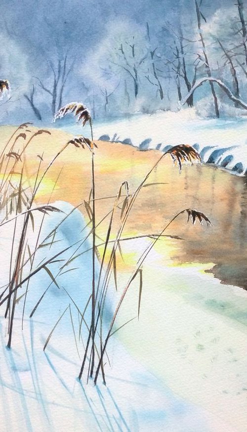 Golden River in Winter Forest by Olga Beliaeva Watercolour