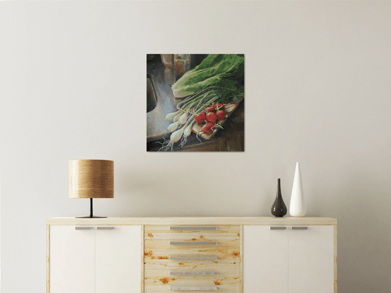 Still life with vegetables and greens