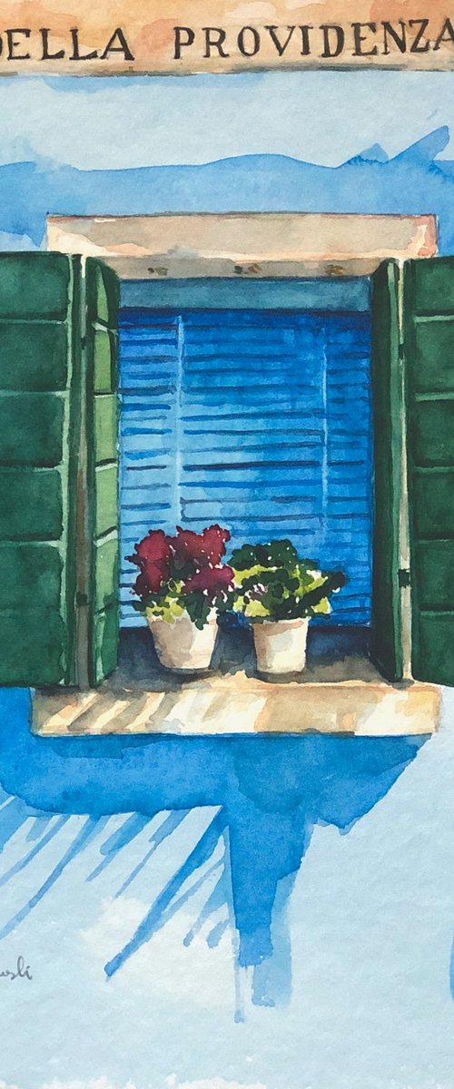 Burano blue window by Krystyna Szczepanowski