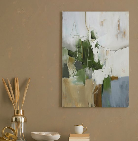 "Green Melody 4" Green beige abstract art