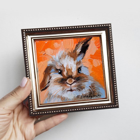 Bunny man painting original oil framed 4x4, Small framed art rabbit artwork orange background