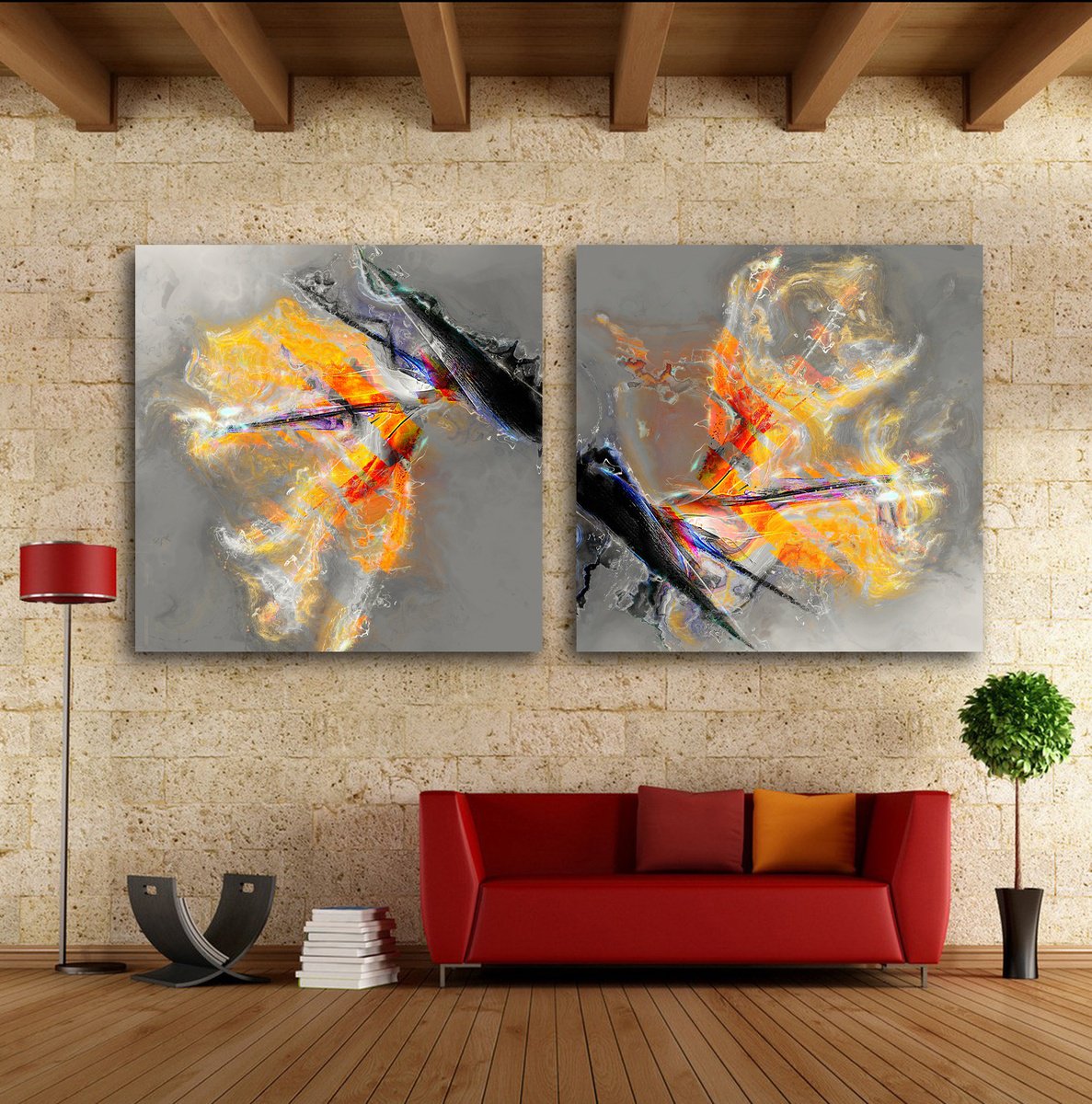 Abstract Botanical Print By Javier Diaz, 118 X 59, Delirios Iii/Xl Large Diptych, Set Of 2 Panels, Original Artwork