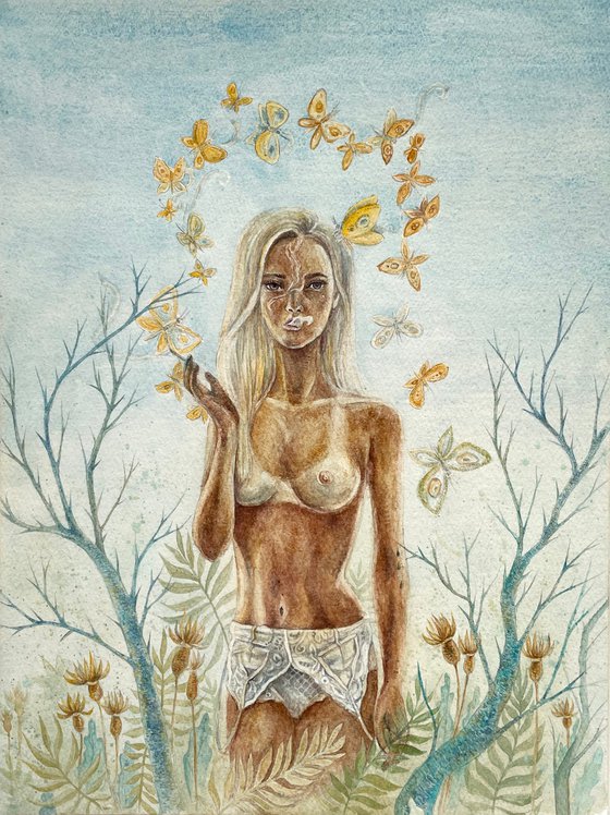 Topless smoking blond woman with yellow butterflies