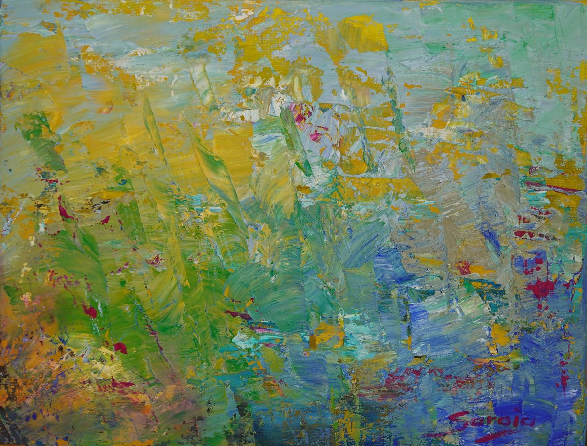 Abstract Landscape Oil Painting By Saroja Van Der Stegen, 15 X 12", Blue Spring (Ref#:1307-5F), Original Artwork