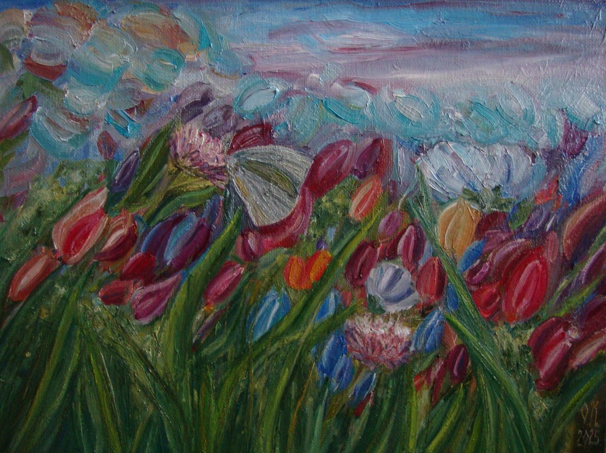 Impressionistic Botanical Oil Painting By Olga Knezevic, 16 X 12", Gentle Garden, Original Artwork