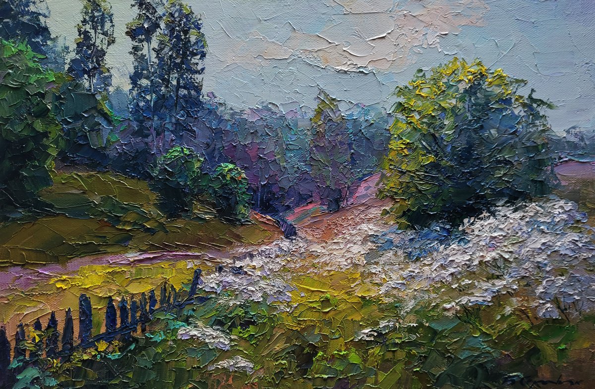 Impressionistic Landscape Oil Painting By Boris Serdyuk, 24 X 16, Wildflowers Are Growing, Original Artwork