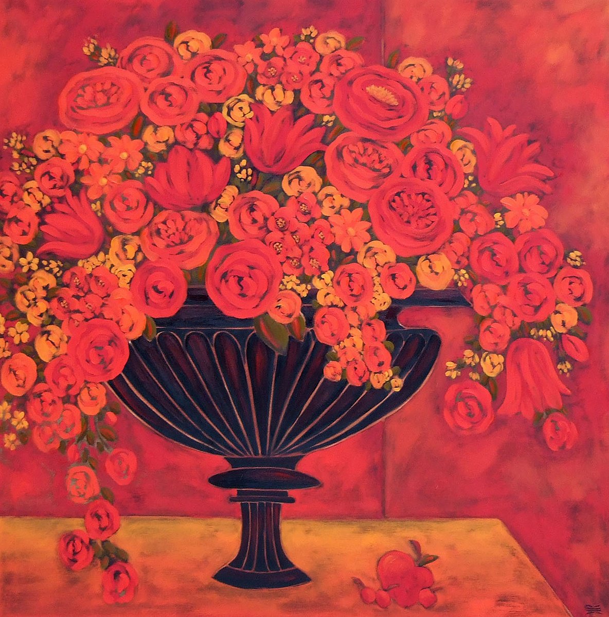 Impressionistic Botanical Oil Painting By Karen Rieger, 48 X 48", Red Tulips And Rosa Milesia, Original Artwork