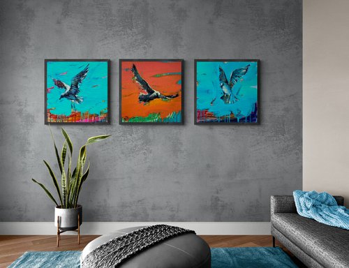 Huge bright triptych - "Sea ​​breeze" - Pop Art - Bird - Sea - Ocean - Seagull - Triptych - Sunset by Yaroslav Yasenev