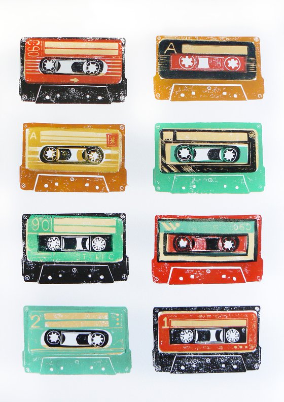 Linocut tapes #7 (cassette tapes, retro music, 70's, 80's rock culture)