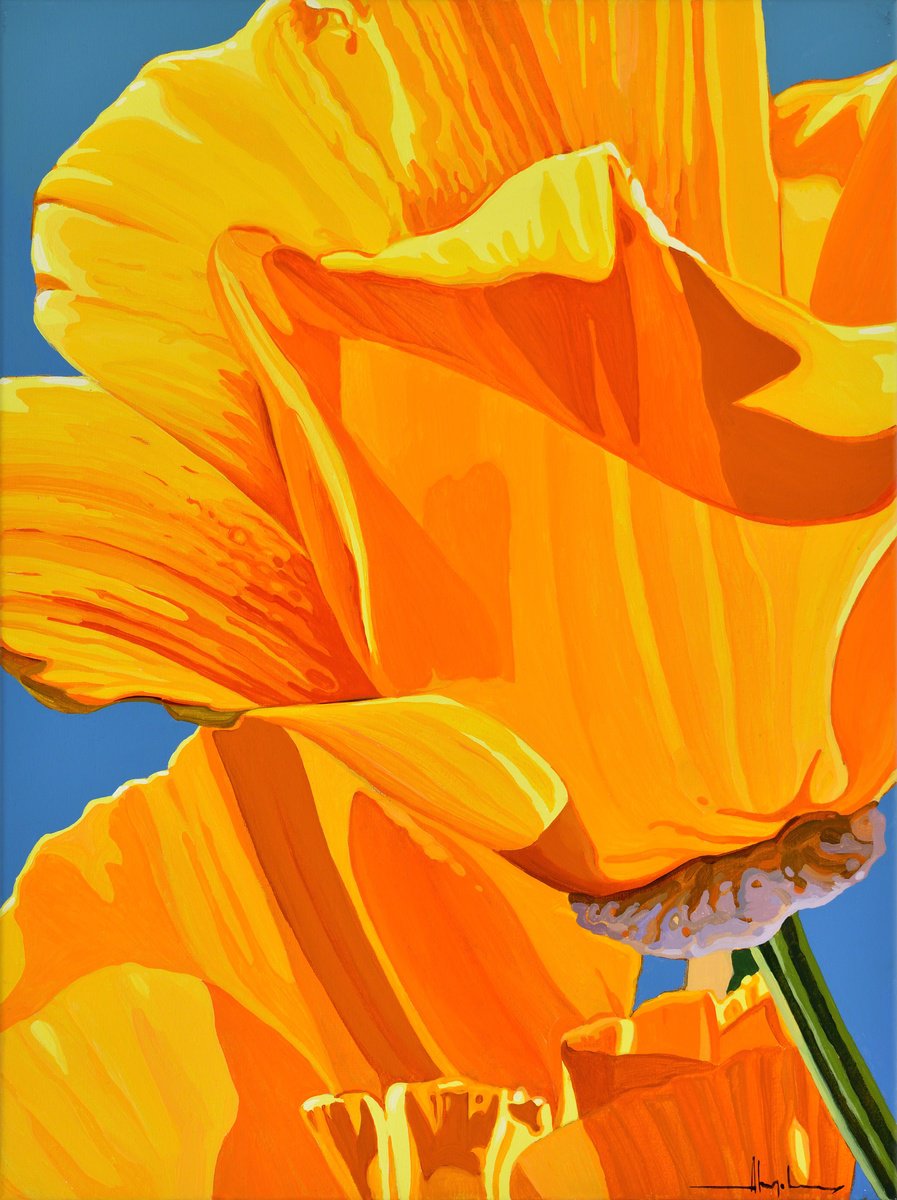 Urban And Pop Botanical Acrylic Painting By Alex Nizovsky, 18 X 24, Californian Poppy And Wind #5, Original Artwork