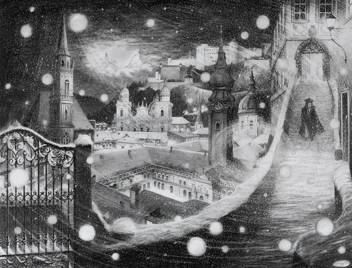 Illustrative Pencil Drawing , Salzburg In Snow By Graham Mckenzie-Smith, 22 X 17, Artwork For Sale On Artfinder