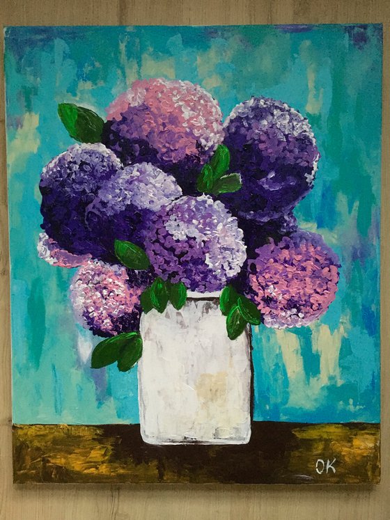 BOUQUET OF Purple and Pink  hydrangea in a white vase palette  knife Original Acrylic painting office home decor gift