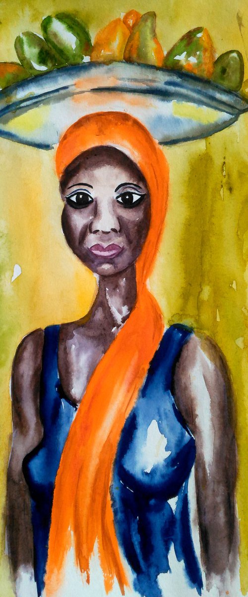 African Woman. Mango Seller. watercolor painting by Halyna Kirichenko